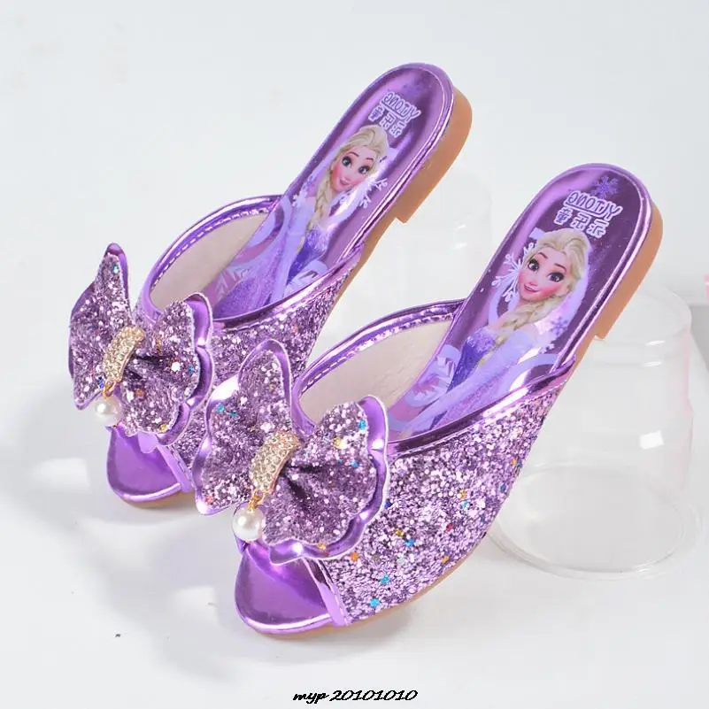 Disney Frozen Elsa Shoes For Girls Children Lovely Purple Pink Princess Flat Sandals Shoes Inside And Outside Slippers With Bow