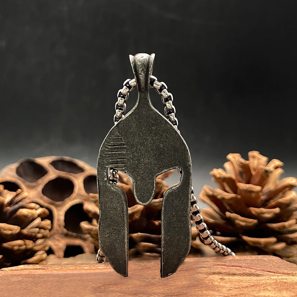 Men's Spartan Warrior Helmet Pendant Necklace, Medieval Knight Mask Gothic Punk Stainless Steel Chain Necklace, Christmas