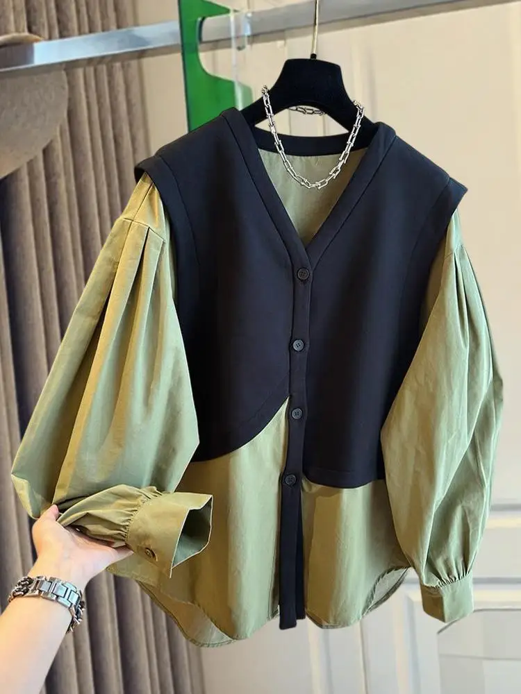 

SuperAen 2026 Spring New Fashion European-style Patchwork Vest Shirt Women's Color-Contrasting Puff Sleeve Oversize Casual Shirt