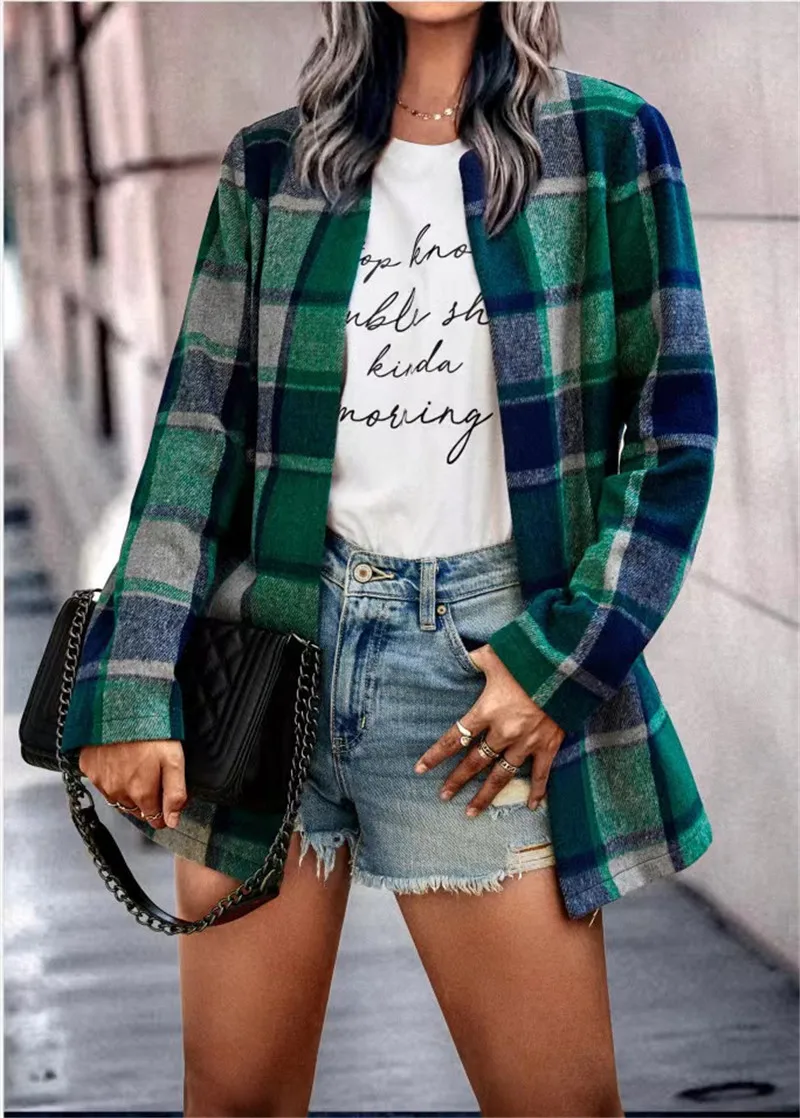 2023 European and American Women\'s Wear Autumn/Winter Long Sleeve Polo Collar Loose Plaid Thickened Woolen Coat