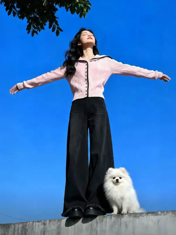 

Korean Sle Slim Fit Knitted Sweater Soft Medium Thin Long Sve round Ne Button up Warm Casual Faion Women's Top