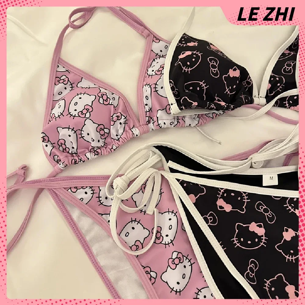 Summer Day Sanrio Hello Kitty Cartoon Pajama Bikini Set Y2K Suits Womens Sleep Bottoms Lounge Home Wear Beachwear Two-Piece