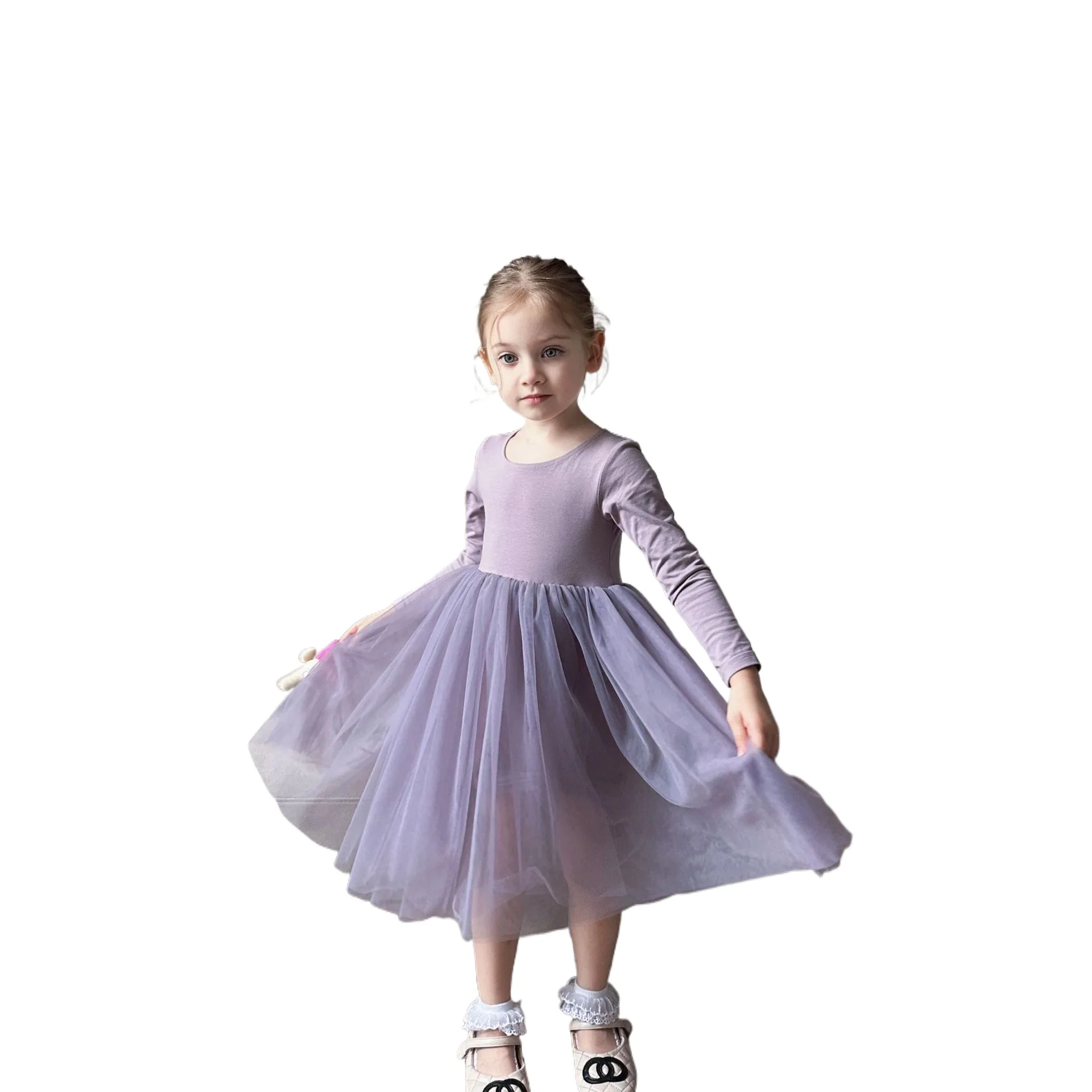 Girls Elegant Tunic Dancing Dress Long Sleeved Princess Tulle Dress