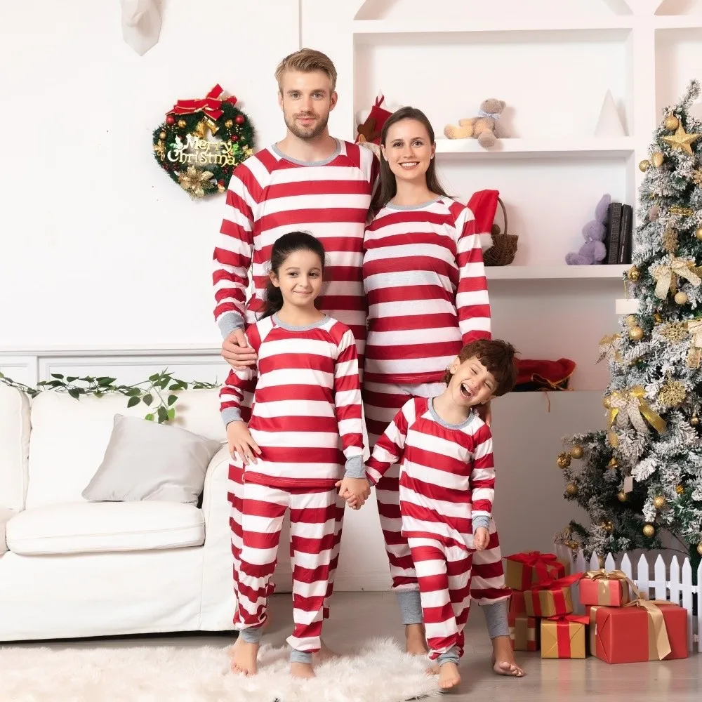 

Soft Striped Print Christmas Parent-child Outfits Cotton Top+Pants Matching Family Outfits Baby Romper Mom Dad Kids