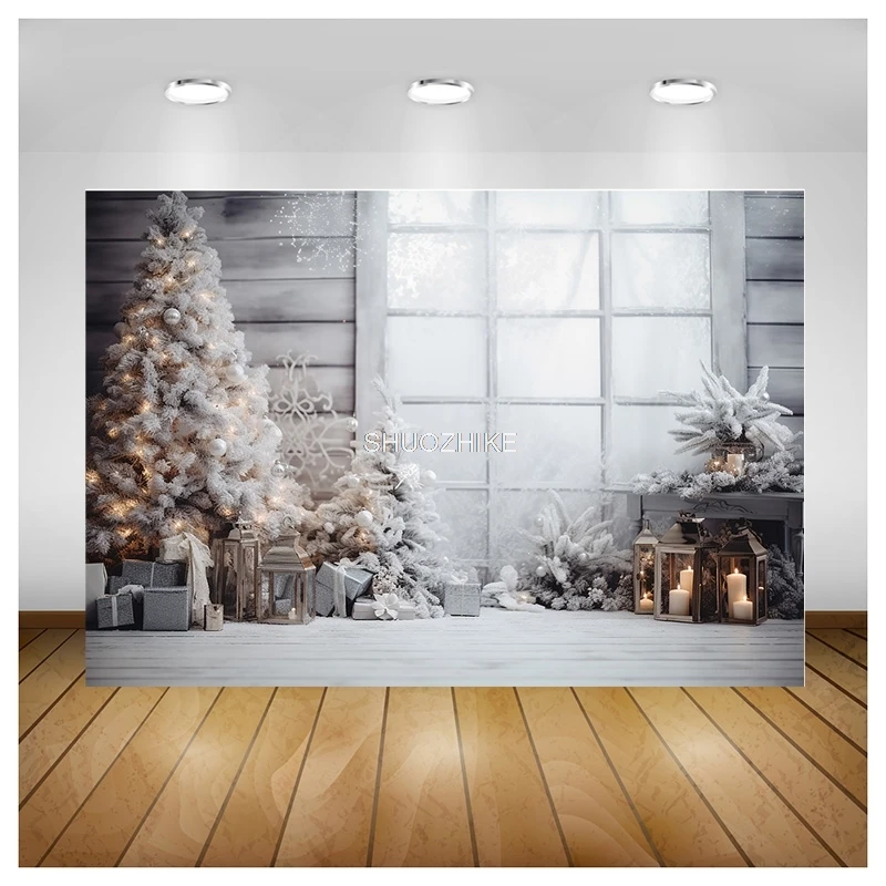 عيد الميلاد يوم خلفيات للتصوير الفوتوغرافي الدعامة الموقد نافذة الشتاء شجرة عيد الميلاد الديكور زهرة جارلاند الخشب الباب خلفية JU-04