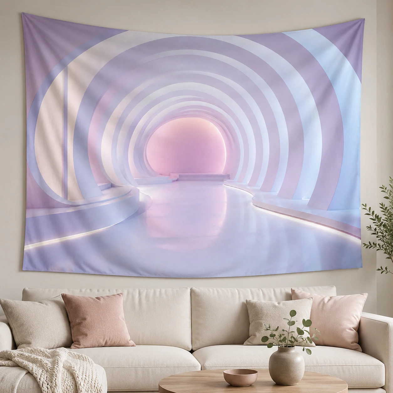 Pink Purple Gradient Dreamy 3D Tunnel Tapestry Space Corridor Background Cloth, Horizontal Aesthetic Live Streaming Wall Hanging