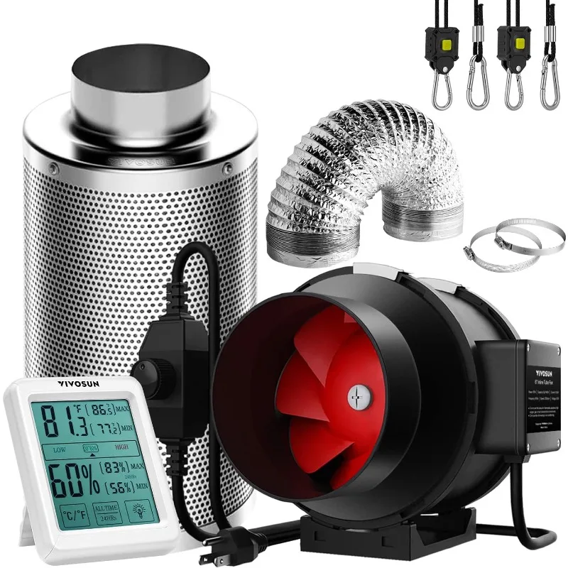 VIVOSUN 6 Inch 390 CFM Inline Fan with Speed Controller, 6 Inch Carbon Filter and 8 Feet of Ducting,Temperature Humidity Monitor