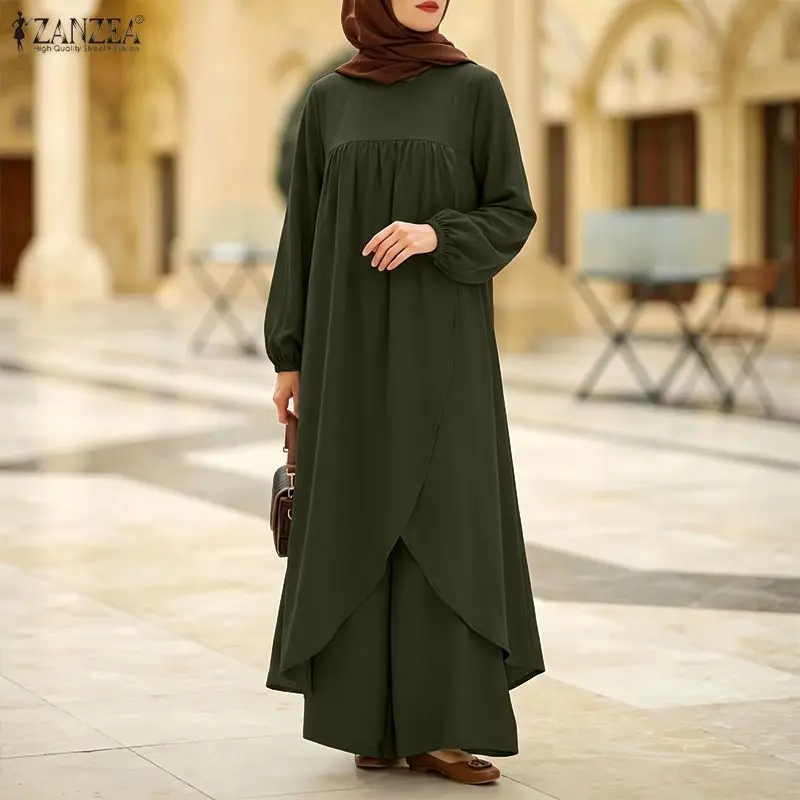 Ramadan Outfits ZANZEA Women Muslim 2 Piece Set Long Tops With Wide Leg Pants Asymmetrical Hem Kaftan Abaya Suit Hijab Tracksuit