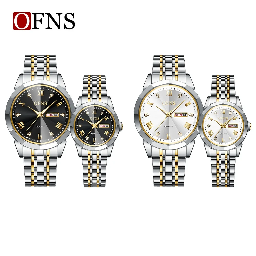 OFNS 1502 Couple Quartz Watch Silvery Fashion Leisure Diamond Date Stainless Steel Strap Wristwatch for Men and Women GIft