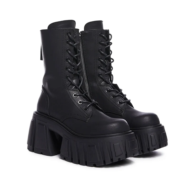 Botas de couro genuíno para mulheres, salto super alto, tubo médio da plataforma, elevador pequeno, curto robusto, na moda, outono, inverno