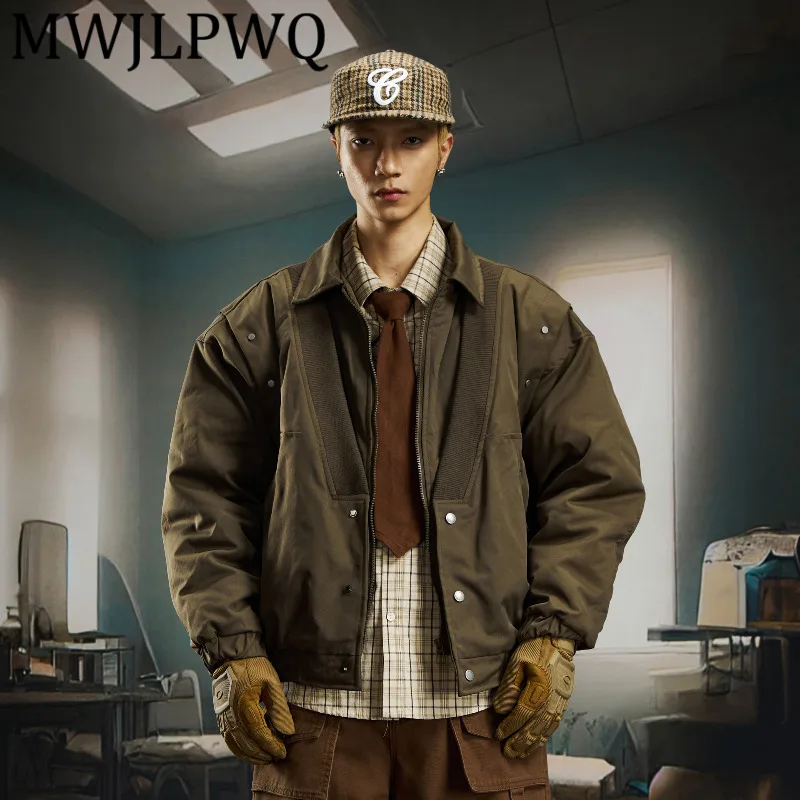 

MWJLPWQ Men's Fake Two-Piece Deconstructed Lapel Flowing Thickened Cotton Padded Niched Long Sleeve Casual Winter Coat 12610