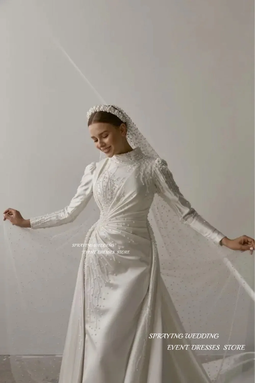 LISM-Robes de mariée sirène à col haut pour femmes musulmanes, manches longues, longueur au sol, perles en satin, fermeture à glissière au dos, mariée formelle de luxe