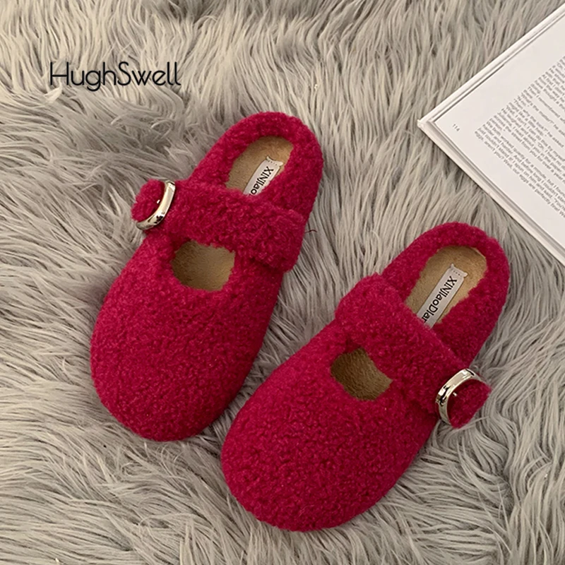 Rose Red Round Toe Lambswool Ballet Flats Woman Warm Teddy Fur Mary Jane Shoes Ladies Brand Design Winter Fluffy Mule Slippers