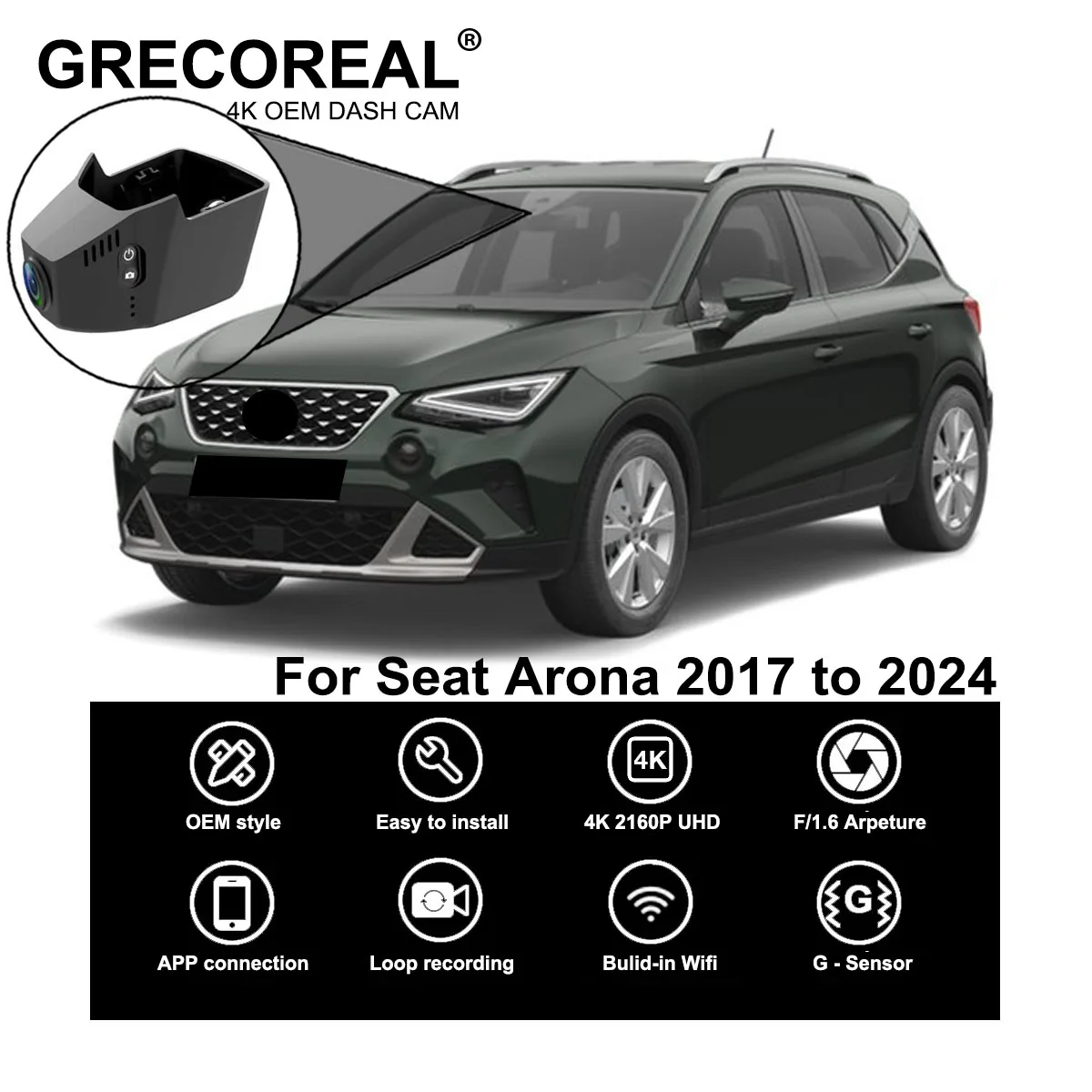 GRECOREAL 4K Dash Cam Front and Rear 2160P WiFi Car Dual Dashcam APP Control Easy Install Plug Play Compatible with Seat Arona