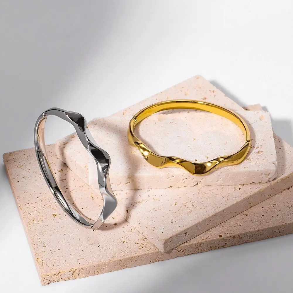 Thick Stainless Steel Irregular Wave Bracelet Geometric Smooth Fashion Jewelry Chunky Silver Charm Accessories Gifts