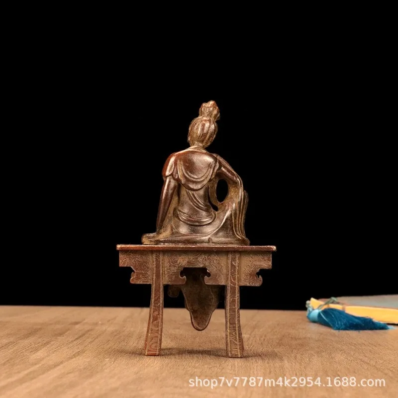 Antique-Style Brass Alloy Craft Bench with Guanyin Figurine for Home Decoration