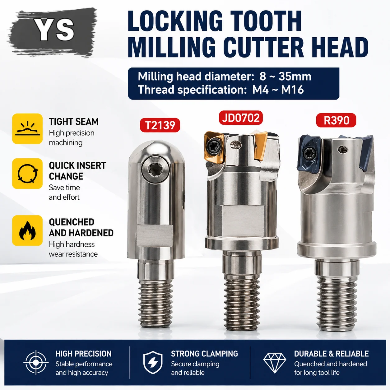 YS Locking Tooth Milling Cutter Head T2139 R390 JD0702 R8 M4 M5 M6 M8 M10 M12 M16 Shank Milling Cutter Thread Tooth Mill Tool