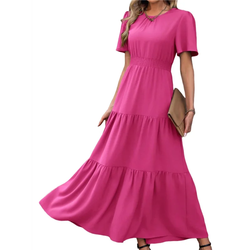 ABRT-femmes été décontracté manches courtes flottantes col rond taille smockée à plusieurs niveaux Boho Floral robe Maxi fluide