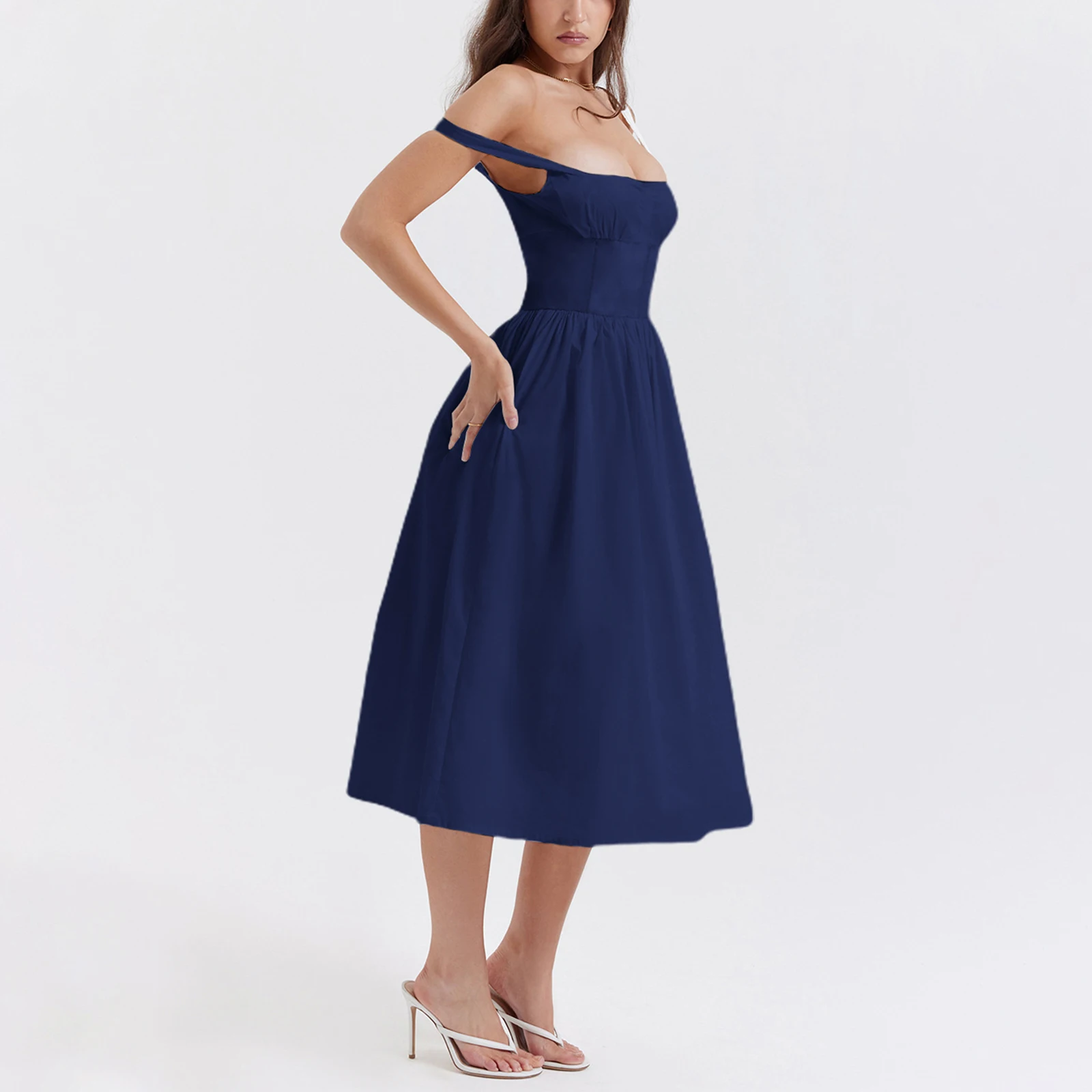 Robe caraco mi-longue pour femme, bretelles spaghetti en fibre, dos nu, couleur unie, taille haute, robe de soirée, été