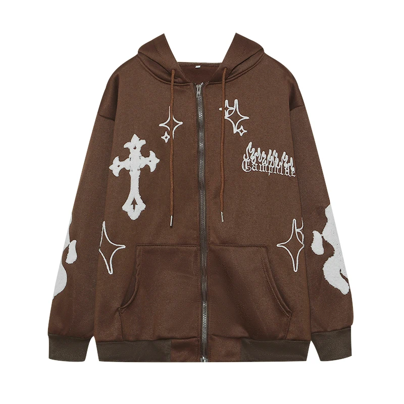 2024 European and American Autumn/Winter Hoodie Embroidered Cross Flame Coat Plush Couple Loose Top Sweater