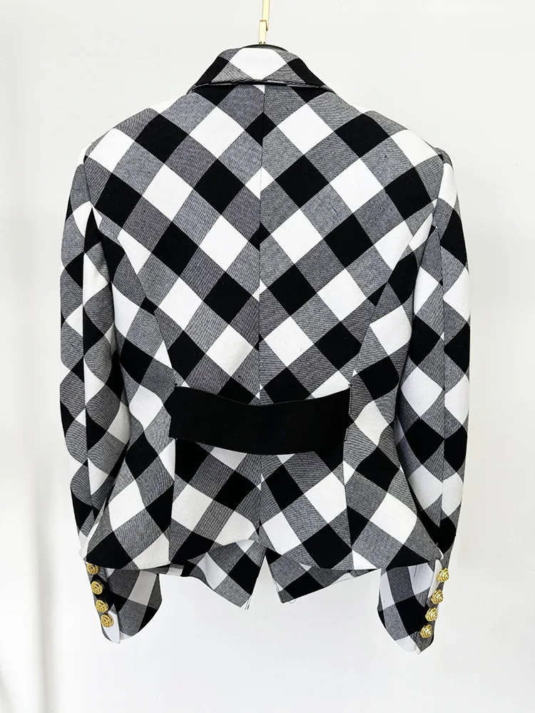 HIGH STREET Newest 2025 Designer Jacket Women's Large metal buckle black and white checkered slim Blazer