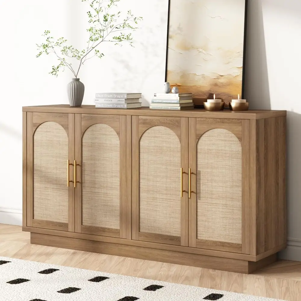 Rattan Sideboard Buffet Cabinet, Farmhouse Storage Cabinets with Adjustable Shelves amp 4 Arched Doors, Boho Credenza Coffee Bar