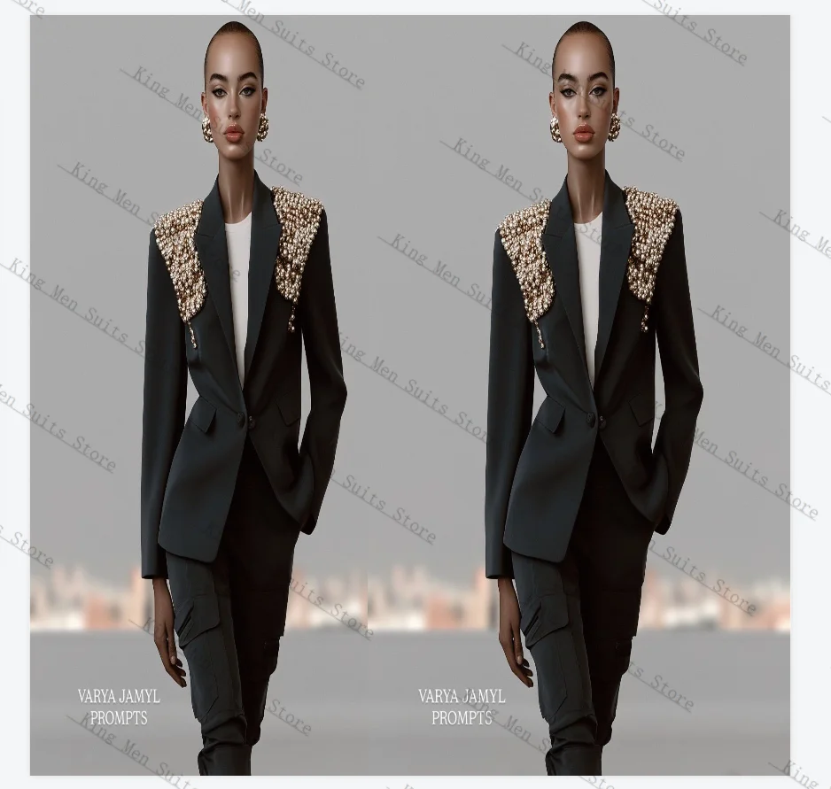 

Luxury Pearls Black Women Suit Set 2 Pcs Blazer+Pants Trousers Cotton Customized Formal Guest Wedding Tuxedos Party Coat Jacket