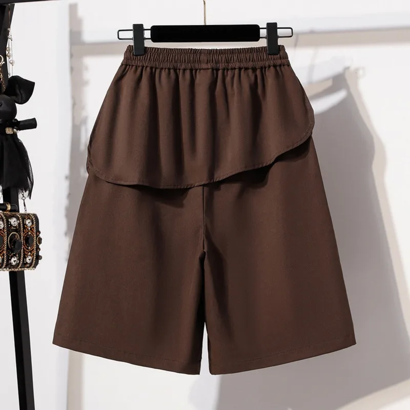 HKSH Women's Shorts Tide Fashion Patchwork Pleated Drawstring Elastic Waist Loose Casual Straight Dark Style Fifth Pants HK25792