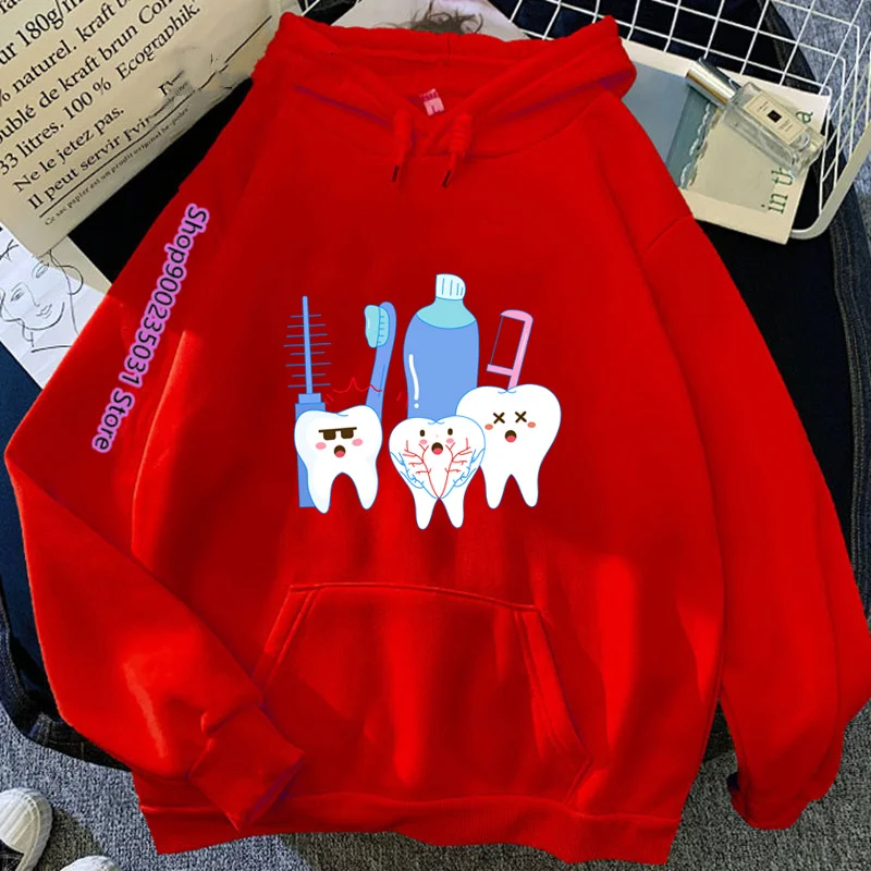 90s Crewneck Hoodie Tooth Dentist Pattern Cartoons Sweatshirts Kawaii Aesthetic Print Fleece Hoody Aesthetic Women Funny Sweater