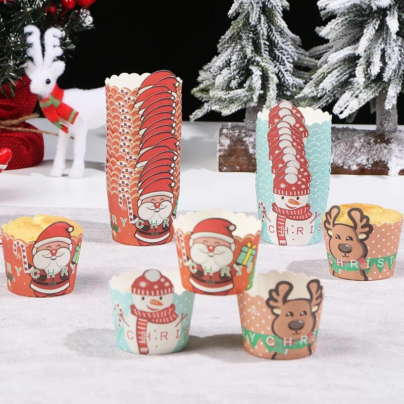 

50pcs Christmas Cupcake Baking Tool Cup Tray Cartoon Reindeer Snowman Muffin Cake Wrapper Paper Xmas Party Decoration