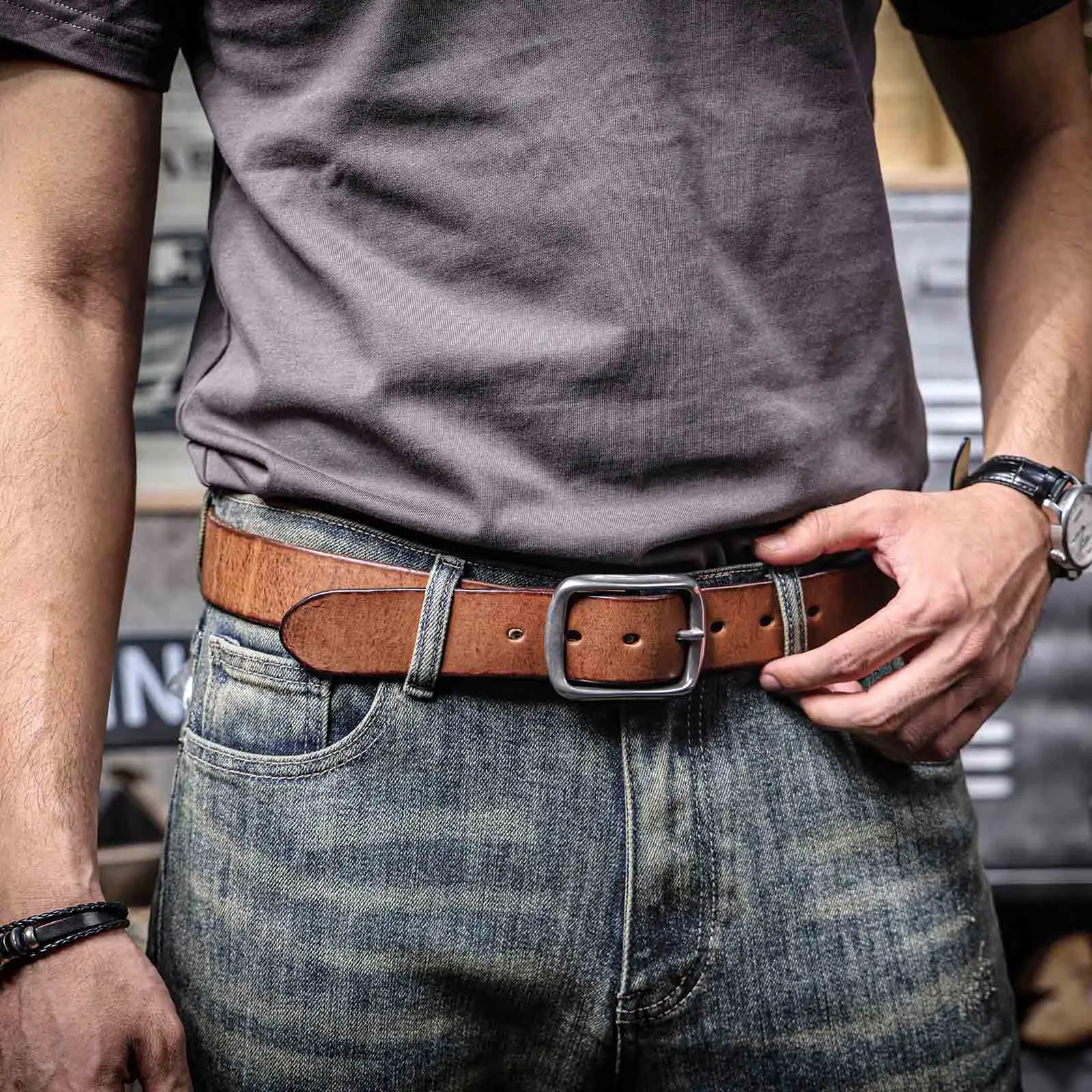 Vintage Echt leder Herren Rindsleder Gürtel Edelstahl Schnalle italienisches verdicktes Leder mit Geschenk box, ideale Wahl für Geschenk – Detail 6