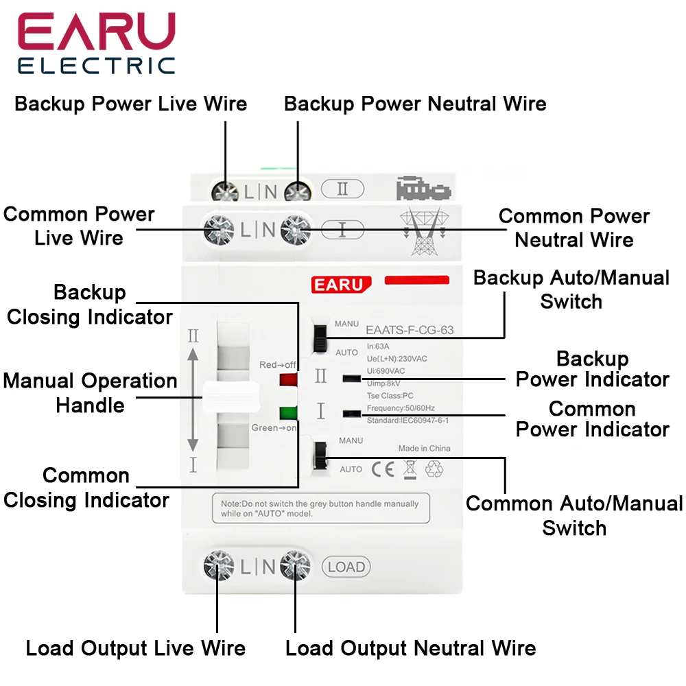 Din Rail 2P 4P 63A AC 220V AC 110V ATS PV Dual Power Automatic Transfer Switch Electrical Selector Switches Uninterrupted Power