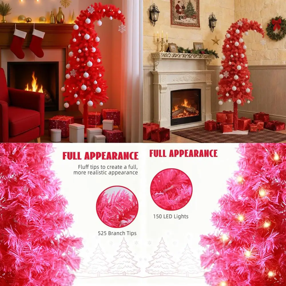 

Розовая рождественская елка с мишурой длиной 5 футов и 150 двухцветными светодиодными фонарями, внутренний декор, 525 советов, металлическая подставка, плагин