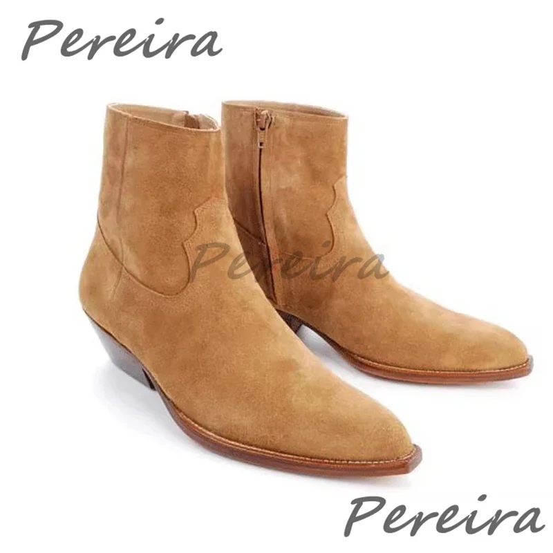 

Мужские ковбойские сапоги в стиле вестерн, замшевые ботинки челси с острым носком и боковой молнией, трендовые мужские модельные туфли из матовой кожи в британском стиле