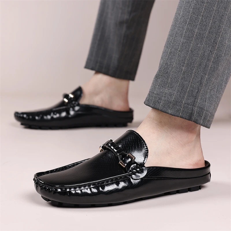Classic Black Men's Half Shoes Fashion Bright Leather Shoes For Men Flat Loafers Comfortable Slip-on Casual Shoes Man Lazy Shoes