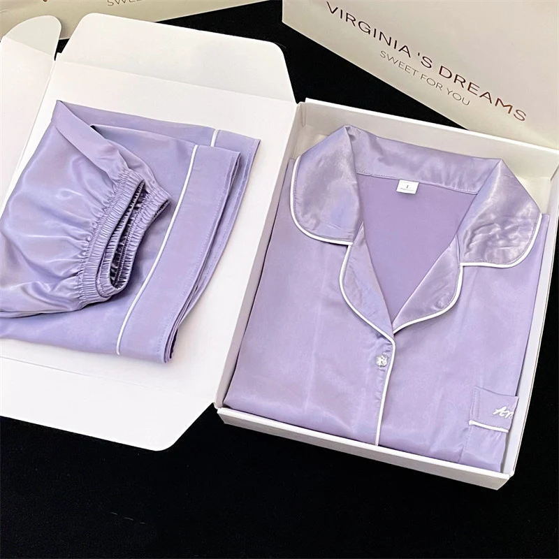 Embroidery Solid Women\'s Summer Casual Pajama Set 2024 New Y2k Fashion Purple Nightwear Classic Soft Simulated Silk Housewear