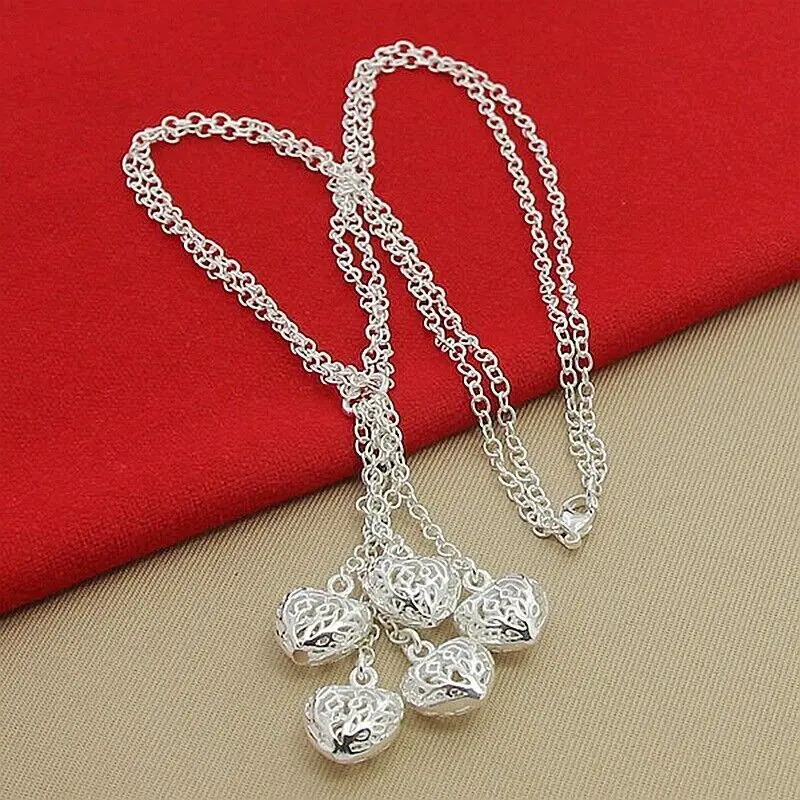 Lucky Charms 925 Sterling Silver Four Heart Leaves Clover Chain Necklace Gifts