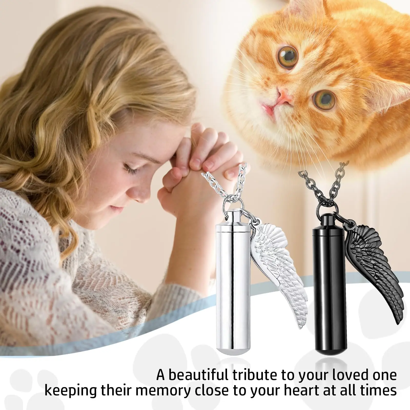 2 قطعة قلادة رماد الجرة للجنسين حامل مجوهرات من صلب لا يصدأ اسطوانة قلادة مع مخلب الحيوانات الأليفة وجناح الملاك قلادة تذكارية