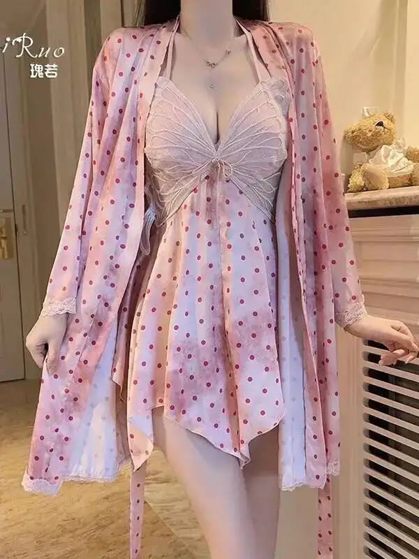 Pure Desire-vestido de seda de hielo, camisón Sexy acolchado de encaje dulce, bata para el hogar con espalda descubierta y tirantes en V profundo, vestido sin mangas encantador IP4H