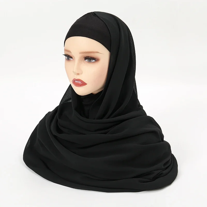 Solid Chiffon Hijab With Hijab Undercap Muslim Women Chiffon Shawl Neck Cover Cotton Jersey Caps 2pcs/Set Headband 180*90cm