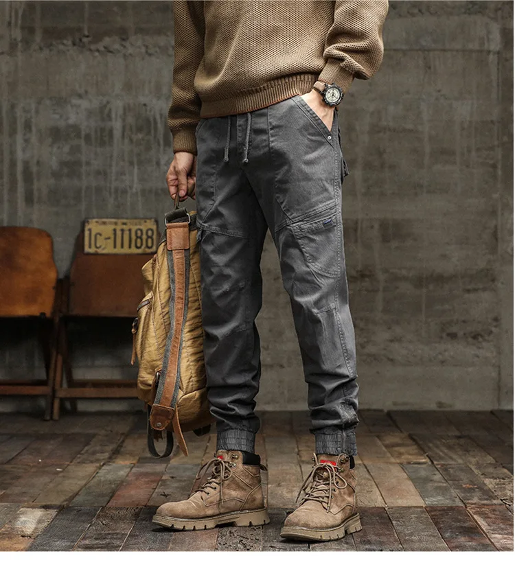 Men's Loose Fit Retro Workwear Pants with Multiple Pockets Cuffed 9-Length Casual Trousers Heavy-Duty Zipper Fashion American St