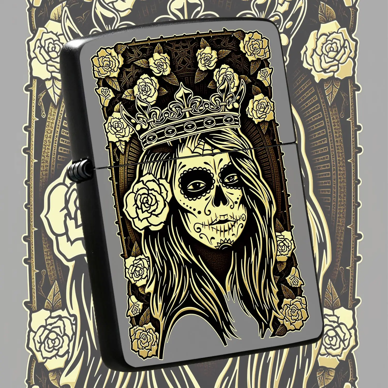 Vintage Day Of The Dead Crown Rose Pattern Lighter, Retro Linocut Art Style Unique Decor Accessory, Ideal For Daily Use Gifting And Personalfor All Occasions   A Humorous And Interesting Lighter