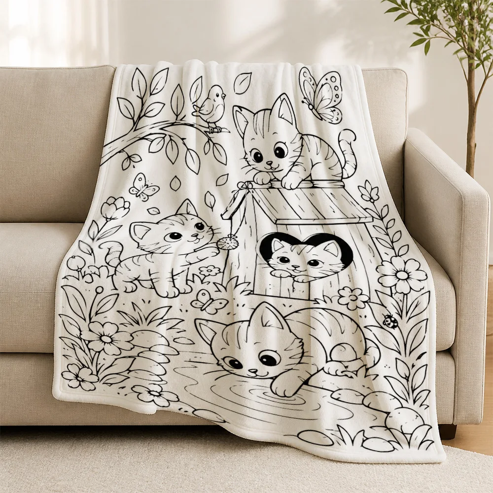 Bohemian Kitten Floral Butterfly Sketch Throw Blanket for Sofa Couch Home Decor Nursery Pet Lover Gift Cozy Line Art Design