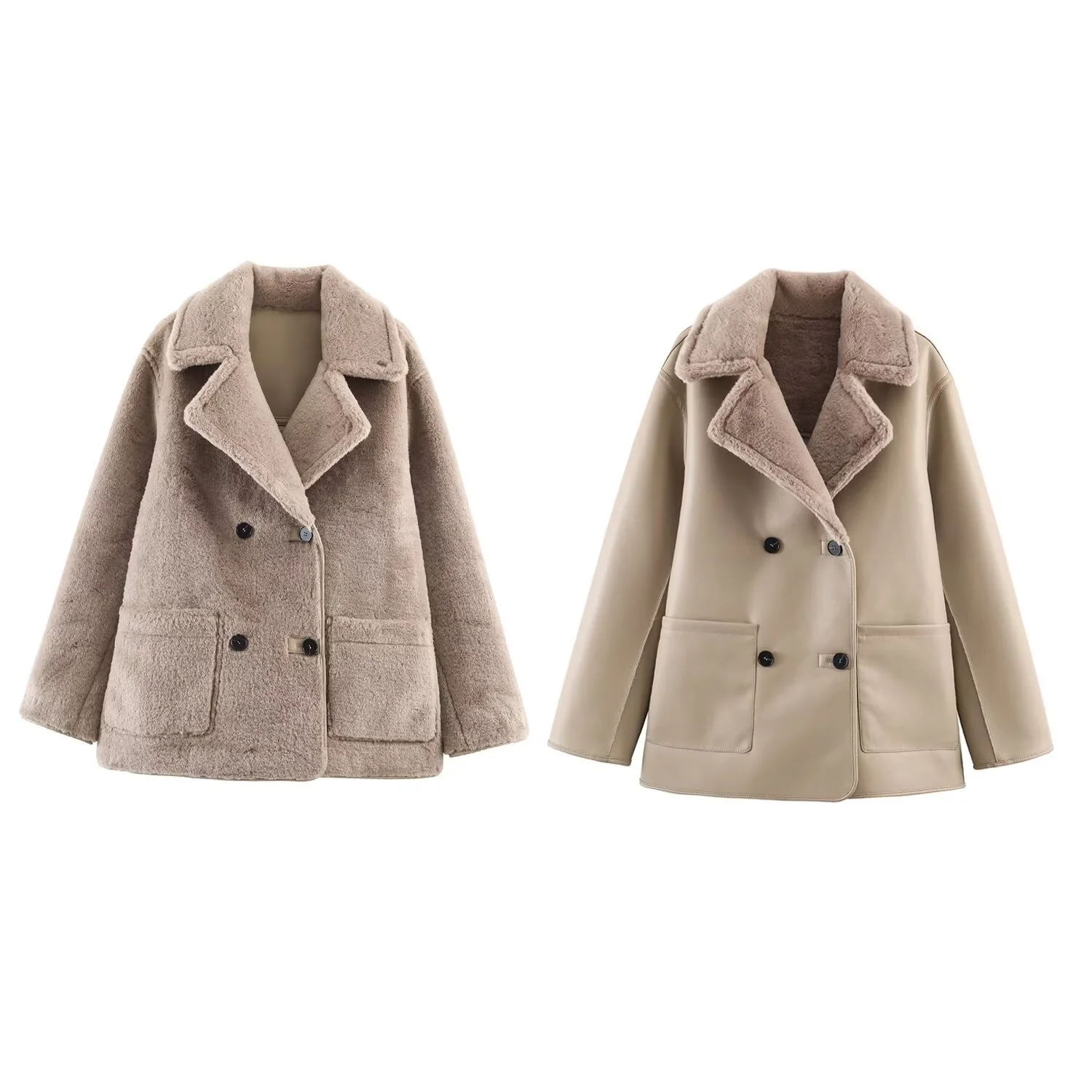 

2025 Winter New Women's Casual Fashionable Simple Double-breasted Lapel Long-sleeved Reversible Faux Fur Effect Coat