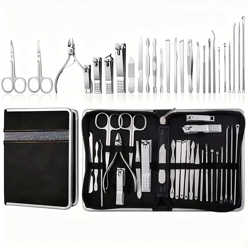 26PCS Professional Stainless Steel Manicure Pedicure Kit Precision Nail Care with Travel Case Clipper Scissor Multi Functional