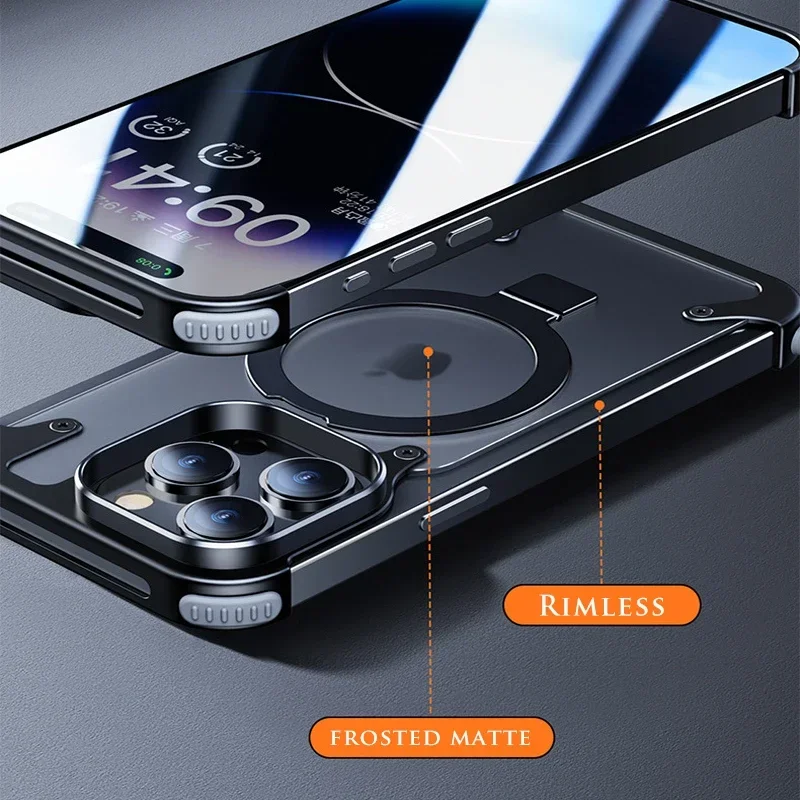 Aluminum Alloy Magnetic Stand Rimless Phone Case For iPhone 13 14 15 Pro Max 15 Pro Metal Lens Shell Frosted Matte Back Cover image 2