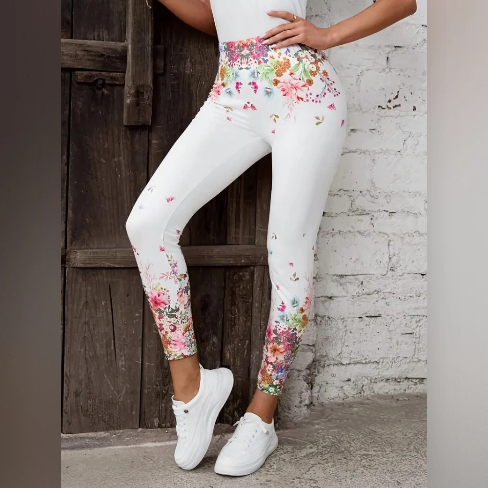 Plant-flower print elastic elastic waist slim-fit leggings for women