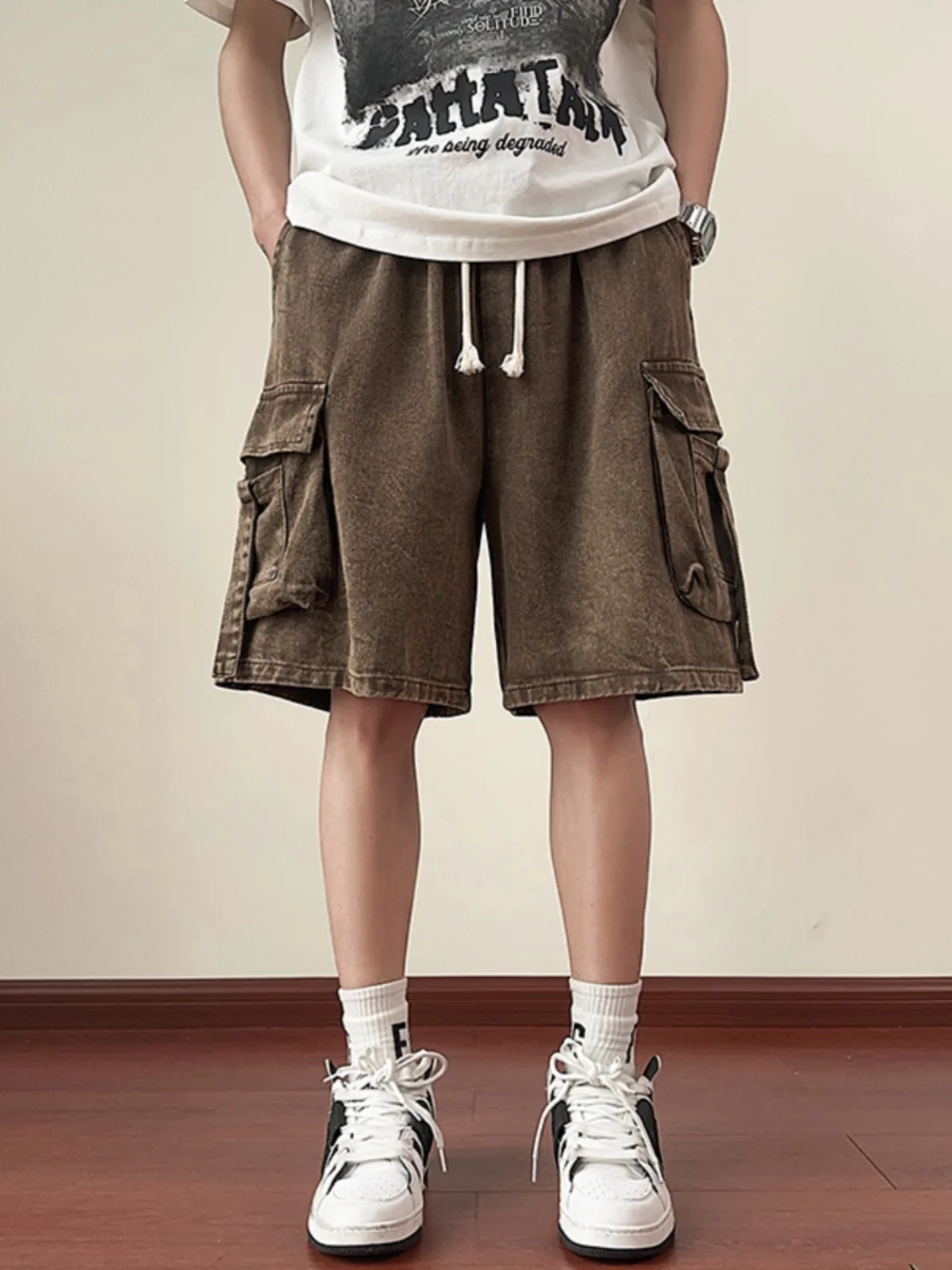 Retro Japanese Style Multi-Pocket Denim Shorts Men's Summer Street Loose Fit Drawstring Straight Leg Five-Point Work Pants