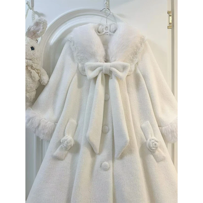 Japanese Sweet Cute Lolita Wool Coat for Women Winter New White Loose Mid-Length Plush Coat Coat Women Winter Jacket