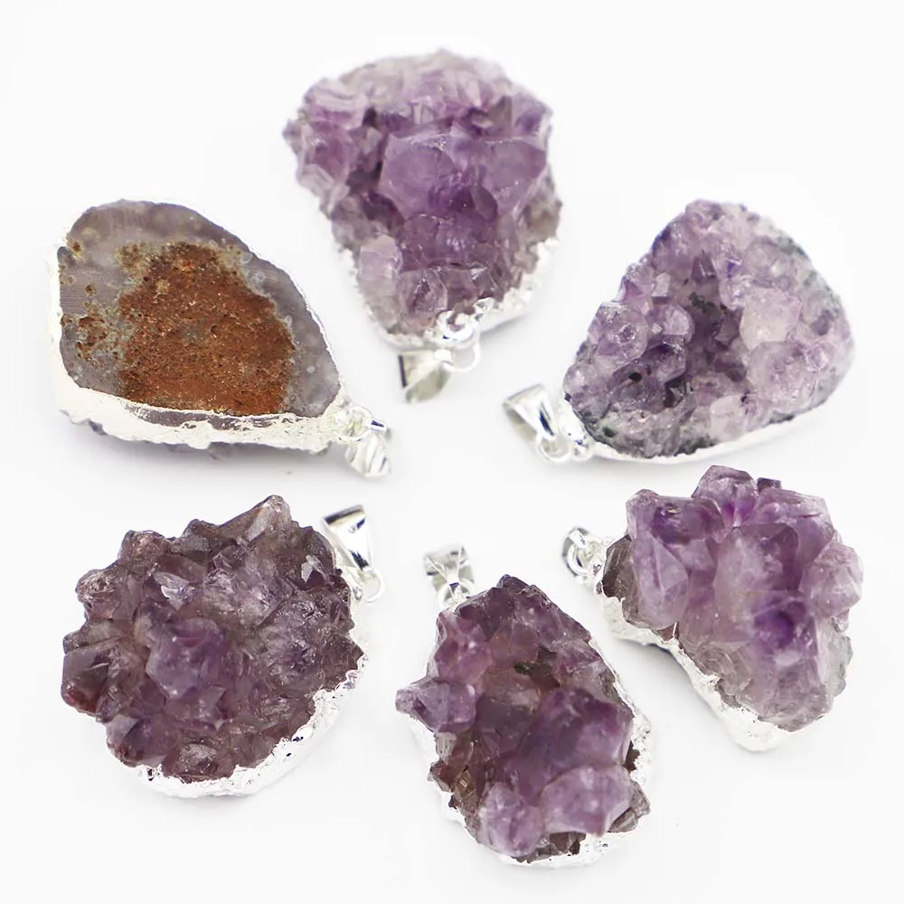 Natural Stone Raw Ore Amethyst Pendant Irregular Silver Edge Quartz Quality Purple Crystal Necklace Jewelry Gift Wholesale 10Pcs